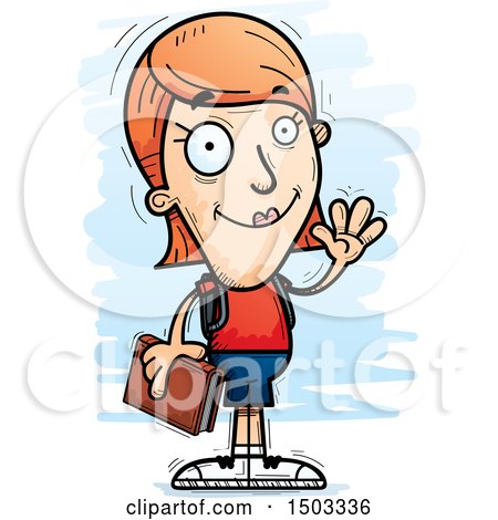 Clipart of a Waving White Female Student - Royalty Free Vector Illustration by Cory Thoman