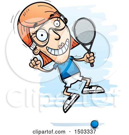Clipart of a Jumping Caucasian Woman Raquetball Player - Royalty Free Vector Illustration by Cory Thoman