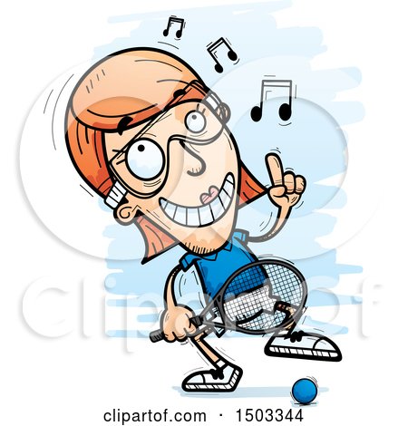 Clipart of a Dancing Happy Caucasian Woman Raquetball Player - Royalty Free Vector Illustration by Cory Thoman