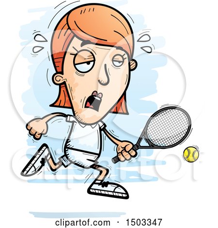 Clipart of a Tired Running Caucasian Woman Tennis Player - Royalty Free Vector Illustration by Cory Thoman