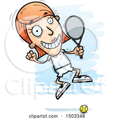 Clipart of a Jumping Excited Caucasian Woman Tennis Player - Royalty Free Vector Illustration by Cory Thoman