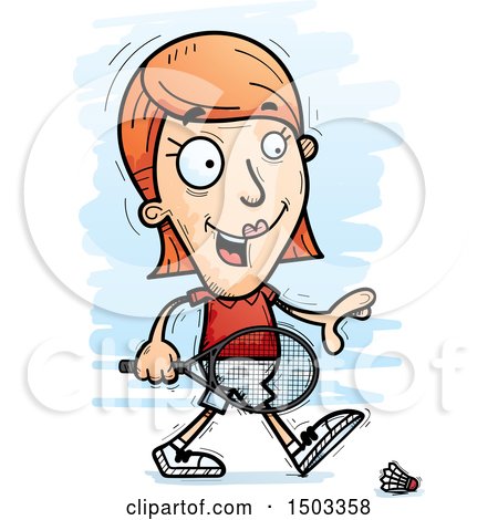 Clipart of a Walking Caucasian Woman Badminton Player - Royalty Free Vector Illustration by Cory Thoman