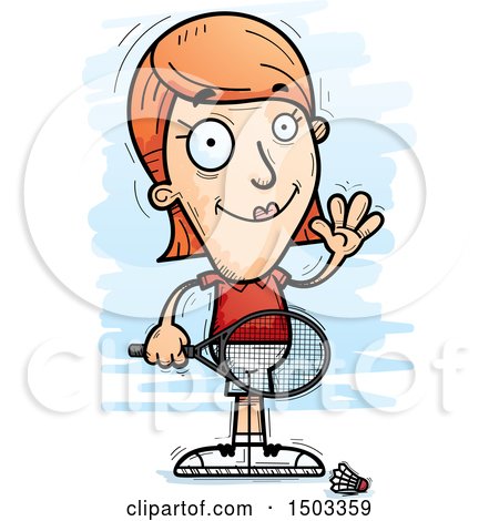 Clipart of a Waving Caucasian Woman Badminton Player - Royalty Free Vector Illustration by Cory Thoman