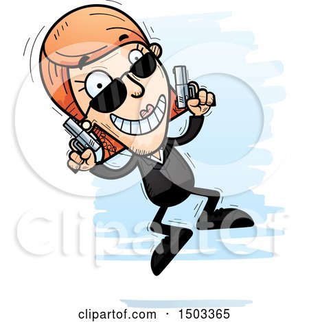 Clipart of a Jumping Caucasian Woman Secret Service Agent - Royalty Free Vector Illustration by Cory Thoman