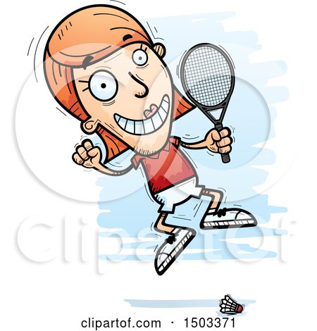 Clipart of a Jumping Caucasian Woman Badminton Player - Royalty Free Vector Illustration by Cory Thoman