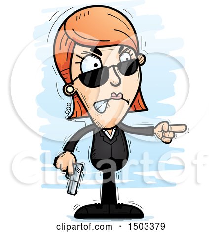Clipart of a Mad Pointing Caucasian Woman Secret Service Agent - Royalty Free Vector Illustration by Cory Thoman