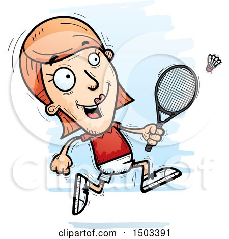 Clipart of a Running Caucasian Woman Badminton Player - Royalty Free Vector Illustration by Cory Thoman