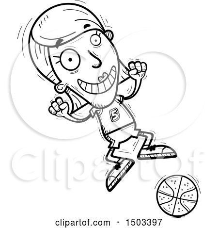 Clipart of a Black and White Jumping White Female Basketball Player - Royalty Free Vector Illustration by Cory Thoman