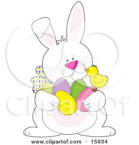 Cute Yellow Baby Chick Sitting Chatting With A White Easter Bunny Who Is Carrying An Armful Of Colored Easter Eggs Clipart Illustration by Maria Bell