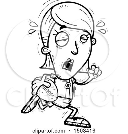 Clipart of a Black and White Tired Running White Female Football Player - Royalty Free Vector Illustration by Cory Thoman