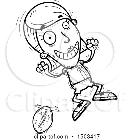 Clipart of a Black and White Jumping White Female Football Player - Royalty Free Vector Illustration by Cory Thoman