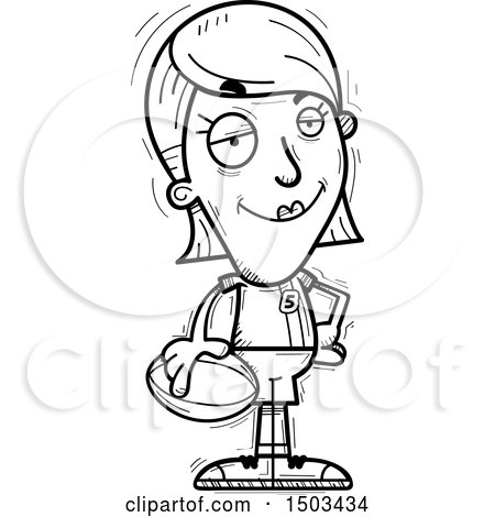 Clipart of a Black and White Confident White Female Rugby Player - Royalty Free Vector Illustration by Cory Thoman