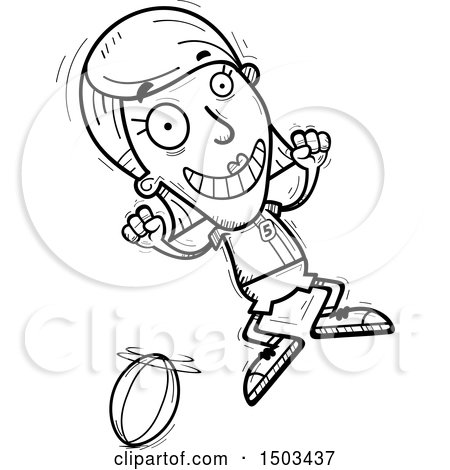 Clipart of a Black and White Jumping White Female Rugby Player - Royalty Free Vector Illustration by Cory Thoman