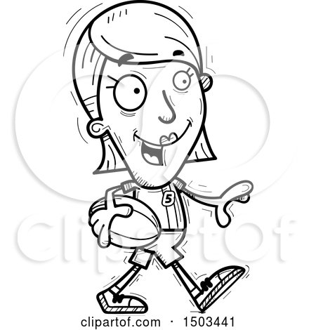 Clipart of a Black and White Walking White Female Rugby Player - Royalty Free Vector Illustration by Cory Thoman
