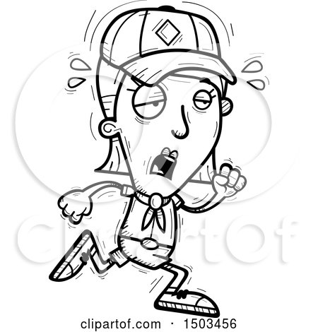 Clipart of a Black and White Tired Running White Female Scout - Royalty Free Vector Illustration by Cory Thoman