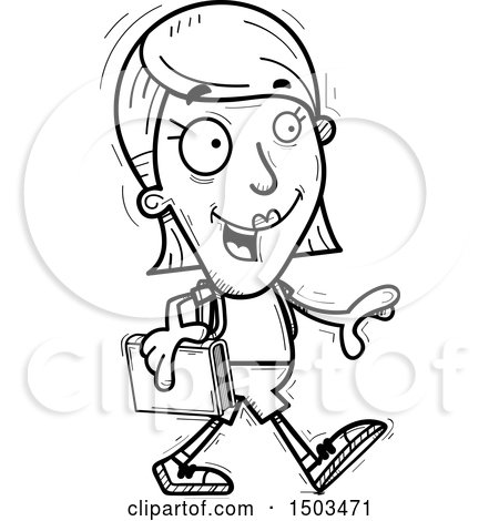 Clipart of a Black and White Walking White Female Student - Royalty Free Vector Illustration by Cory Thoman