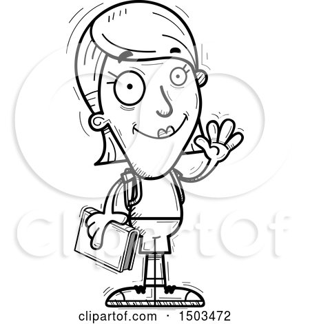 Clipart of a Black and White Waving White Female Student - Royalty Free Vector Illustration by Cory Thoman