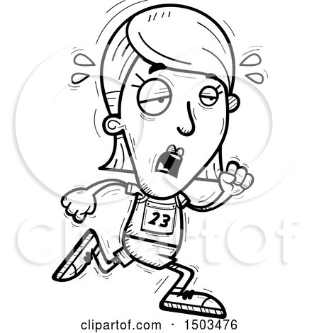 Clipart of a Black and White Tired Running White Female Track and Field Athlete - Royalty Free Vector Illustration by Cory Thoman