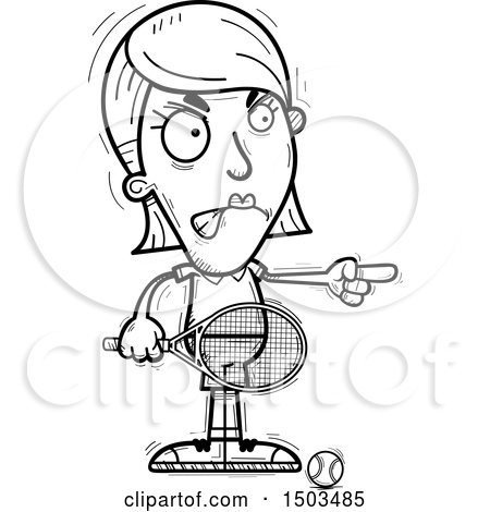 Clipart of a Black and White Mad Pointing  Woman Tennis Player - Royalty Free Vector Illustration by Cory Thoman