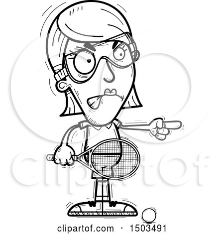 Clipart of a Black and White Mad Pointing  Woman Raquetball Player - Royalty Free Vector Illustration by Cory Thoman