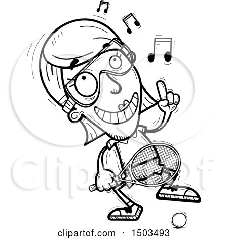 Clipart of a Black and White Dancing Happy  Woman Raquetball Player - Royalty Free Vector Illustration by Cory Thoman