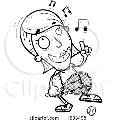 Clipart of a Black and White Dancing  Woman Tennis Player - Royalty Free Vector Illustration by Cory Thoman