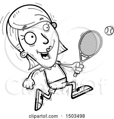 Clipart of a Black and White Running  Woman Tennis Player - Royalty Free Vector Illustration by Cory Thoman