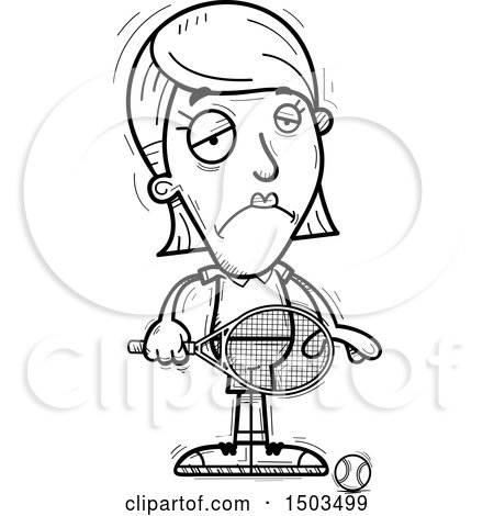 Clipart of a Black and White Sad  Woman Tennis Player - Royalty Free Vector Illustration by Cory Thoman