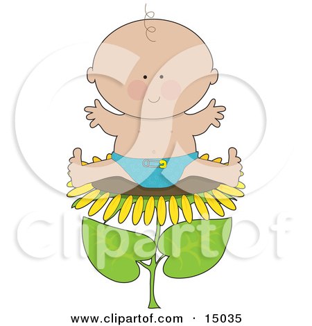 Cute Little Caucasian Baby Boy In A Blue Cloth Diaper, Sitting On Top Of The Head Of A Sunflower Clipart Illustration by Maria Bell