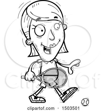 Clipart of a Black and White Walking  Woman Tennis Player - Royalty Free Vector Illustration by Cory Thoman