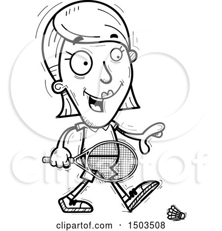 Clipart of a Black and White Walking  Woman Badminton Player - Royalty Free Vector Illustration by Cory Thoman