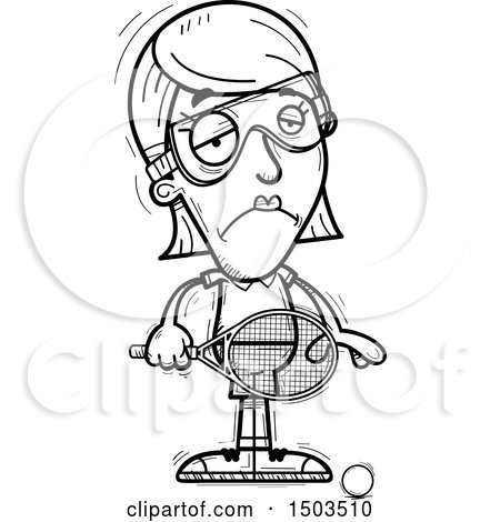 Clipart of a Black and White Sad  Woman Raquetball Player - Royalty Free Vector Illustration by Cory Thoman
