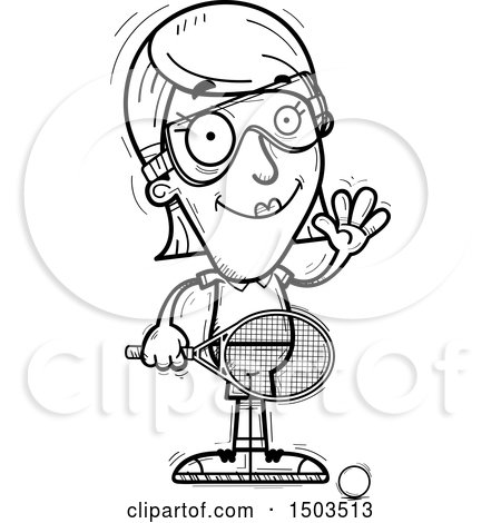 Clipart of a Black and White Waving  Woman Raquetball Player - Royalty Free Vector Illustration by Cory Thoman