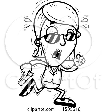 Clipart of a Black and White Tired Running  Woman Secret Service Agent - Royalty Free Vector Illustration by Cory Thoman