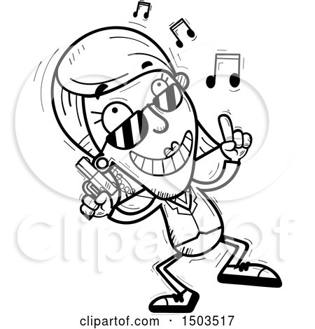Clipart of a Black and White Dancing  Woman Secret Service Agent - Royalty Free Vector Illustration by Cory Thoman