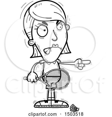 Clipart of a Black and White Mad Pointing  Woman Badminton Player - Royalty Free Vector Illustration by Cory Thoman