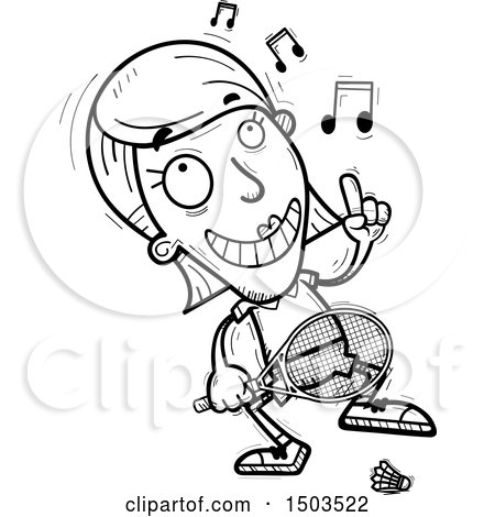 Clipart of a Black and White Dancing  Woman Badminton Player - Royalty Free Vector Illustration by Cory Thoman