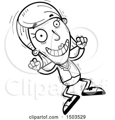 Clipart of a Black and White Jumping  Business Woman - Royalty Free Vector Illustration by Cory Thoman