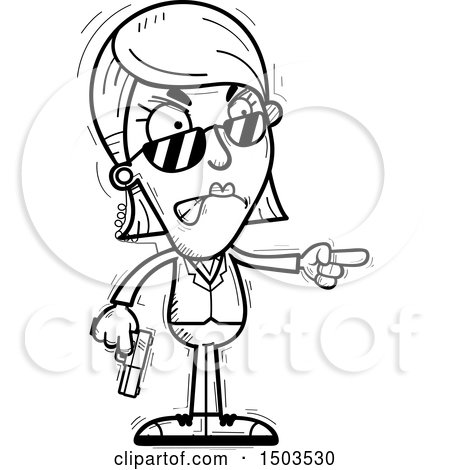 Clipart of a Black and White Mad Pointing  Woman Secret Service Agent - Royalty Free Vector Illustration by Cory Thoman