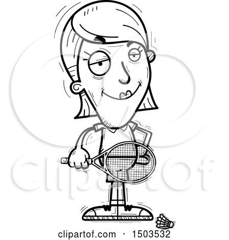 Clipart of a Black and White Confident  Woman Badminton Player - Royalty Free Vector Illustration by Cory Thoman
