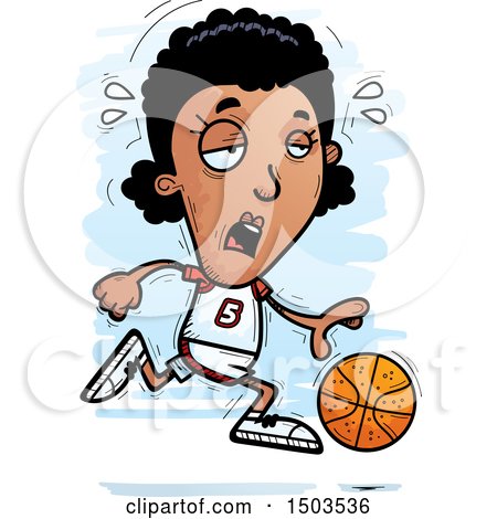 Clipart of a Tired Running Black Female Basketball Player - Royalty Free Vector Illustration by Cory Thoman