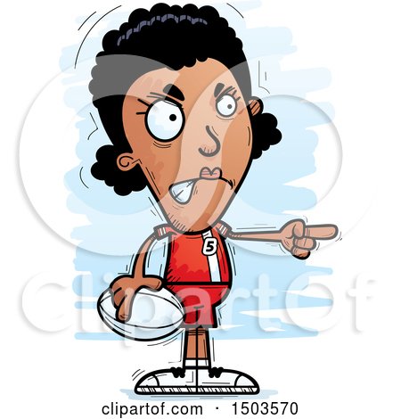 Clipart of a Mad Pointing Black Female Rugby Player - Royalty Free Vector Illustration by Cory Thoman