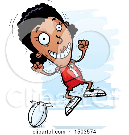 Clipart of a Jumping Black Female Rugby Player - Royalty Free Vector Illustration by Cory Thoman