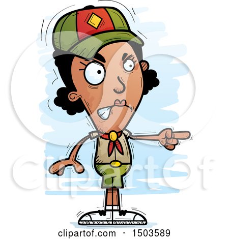 Clipart of a Mad Pointing Black Female Scout - Royalty Free Vector Illustration by Cory Thoman