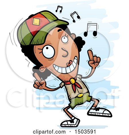 Clipart of a Black Female Scout Doing a Happy Dance - Royalty Free Vector Illustration by Cory Thoman