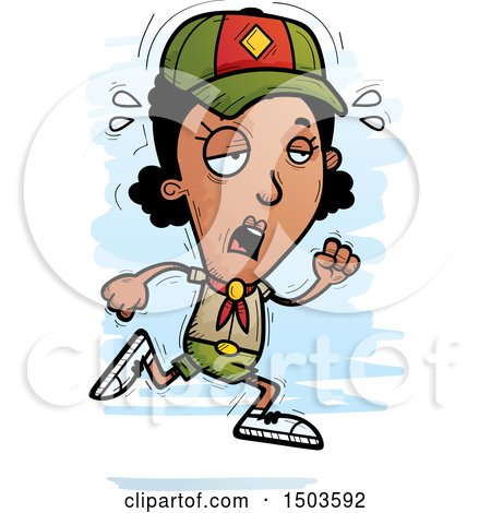Clipart of a Tired Running Black Female Scout - Royalty Free Vector Illustration by Cory Thoman