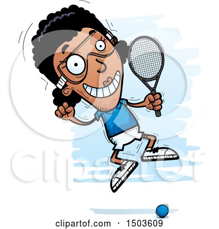 Clipart of a Jumping African American Woman Racquetball Player - Royalty Free Vector Illustration by Cory Thoman