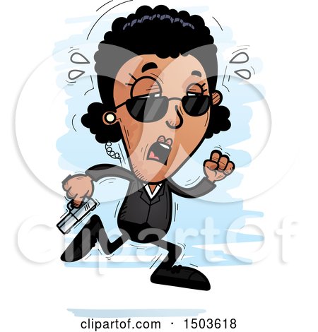 Clipart of a Tired Running African American Woman Secret Service Agent - Royalty Free Vector Illustration by Cory Thoman