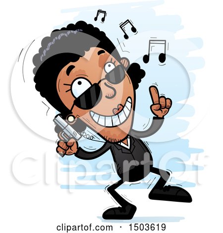 Clipart of a Happy Dancing African American Woman Secret Service Agent - Royalty Free Vector Illustration by Cory Thoman