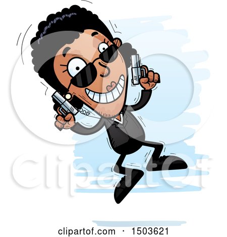Clipart of a Jumping African American Woman Secret Service Agent - Royalty Free Vector Illustration by Cory Thoman